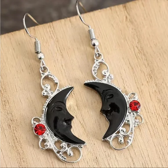 Hollow Synthetic Gemstone Black Moon Inlaid Red Rhinestone Drop Earrings Faux Fa - Picture 3 of 9